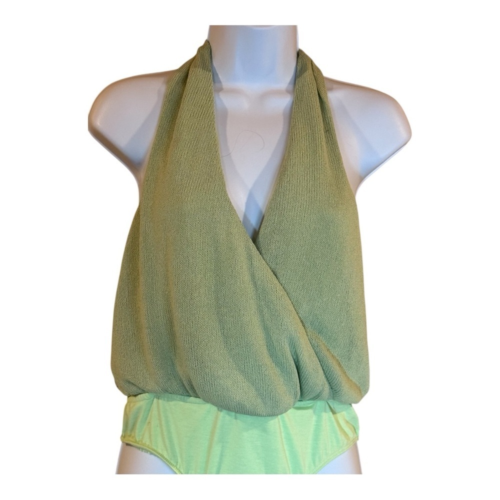 Lulu's Light Green Knit Adjustable Tie Halter Faux Wrap Bodysuit Medium - Picture 5 of 7